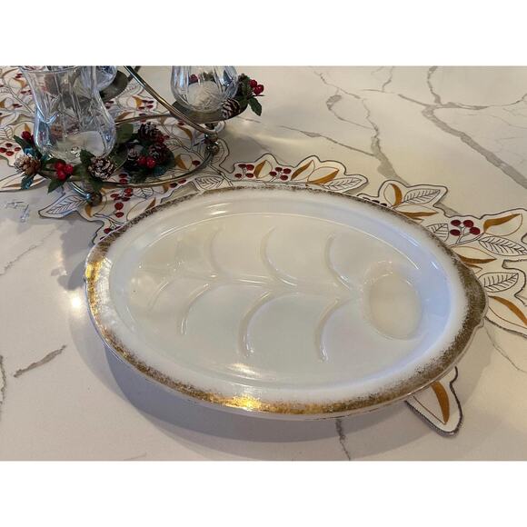 Fire King Tree of Life Meat Platter milk glass with gold edge rim 11x15 - Picture 2 of 9